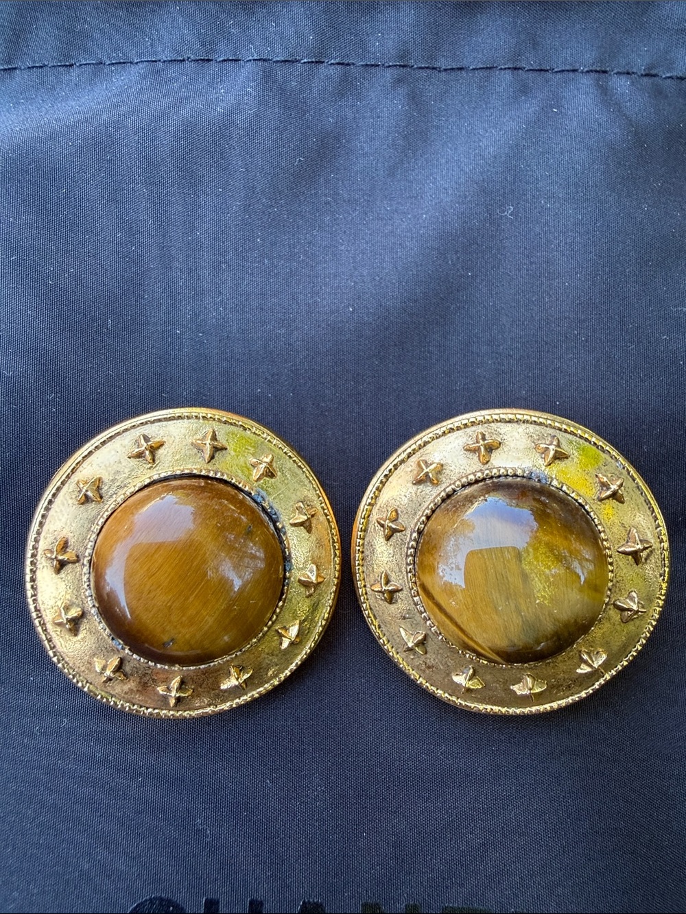 CHANEL Gold and Brown Button Earrings with Tiger's Eye Centers - Picture 2 of 9
